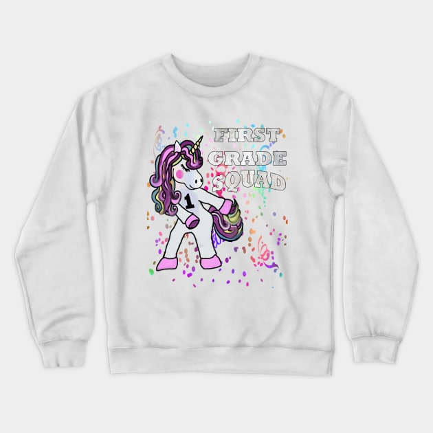 Back to School First Grade Squad Flossing Unicorn Stickers & Gifts Crewneck Sweatshirt by tamdevo1